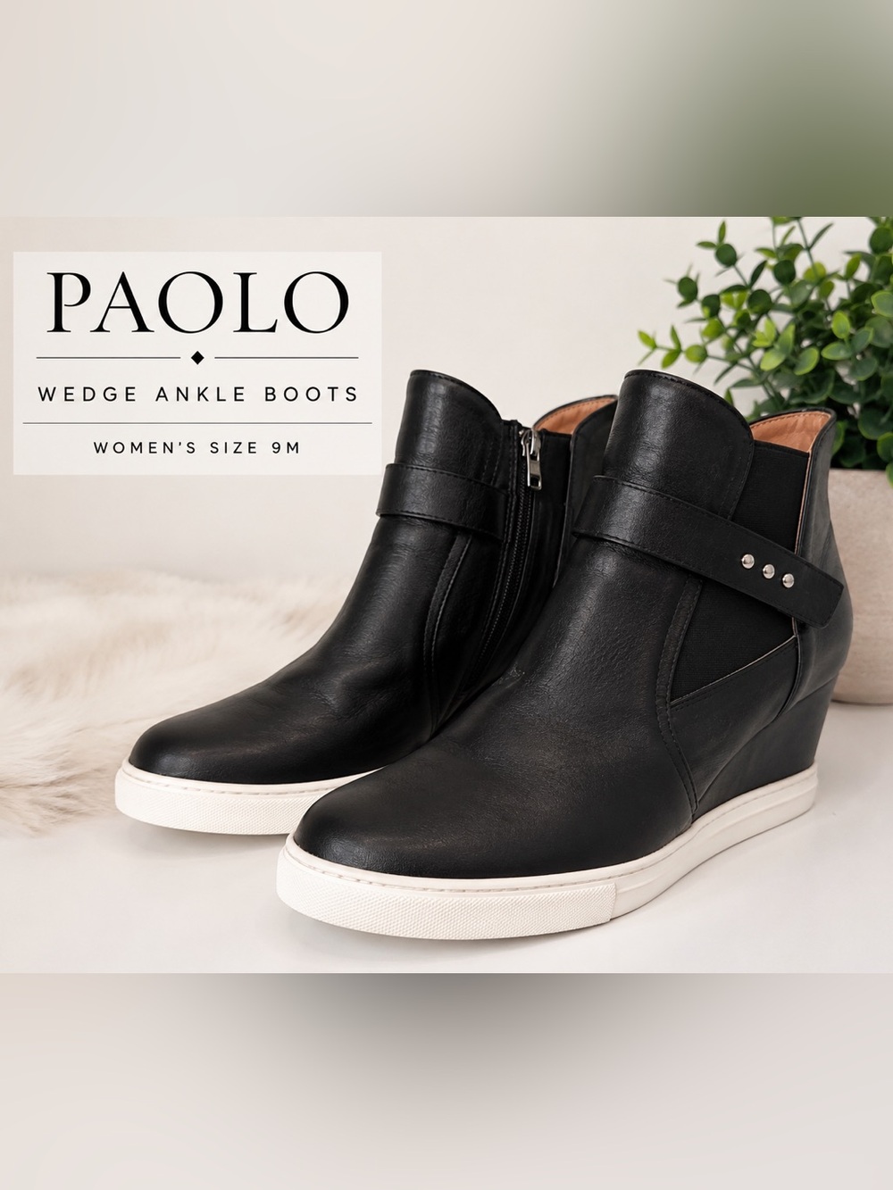 Paolo Black Wedge Ankle Boots Women’s Size 9M Hidden Wedge Zip Booties Casual .
